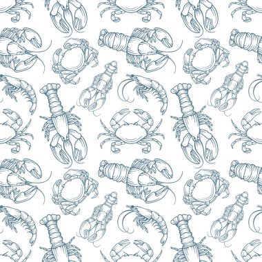 Istakoz, kerevit ve dikişsiz karides. Deniz ürünleri sonsuz desen. Kümenin bir parçası.