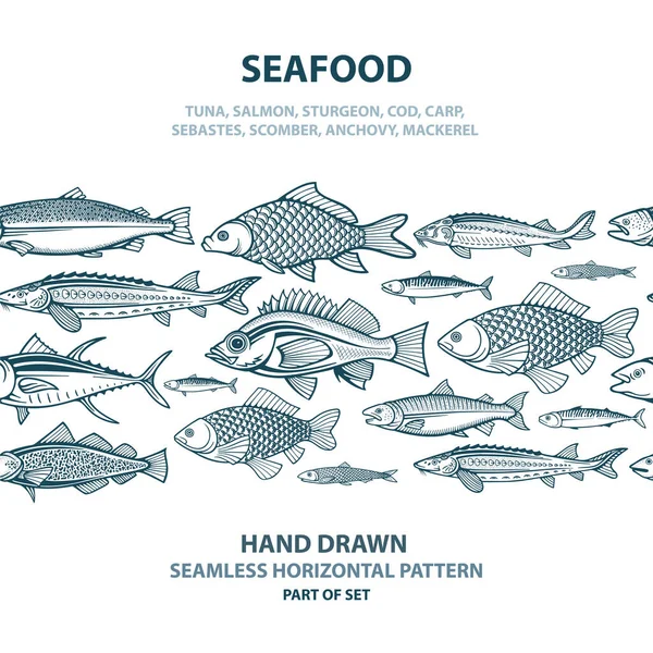 魚の水平シームレスパターンと魚介類の概念 無限の手描きのテクスチャ異なる魚 — ストックベクタ