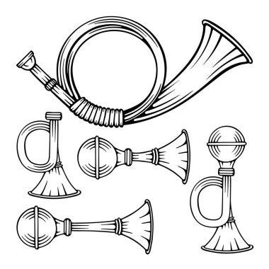 Sinyal kornası. Avcılık ve aracın klasik boynuzları elle çizilmiş çizimler. Retro altın trompet ve boynuz vektör grafikleri ayarlandı. Kümenin bir parçası.