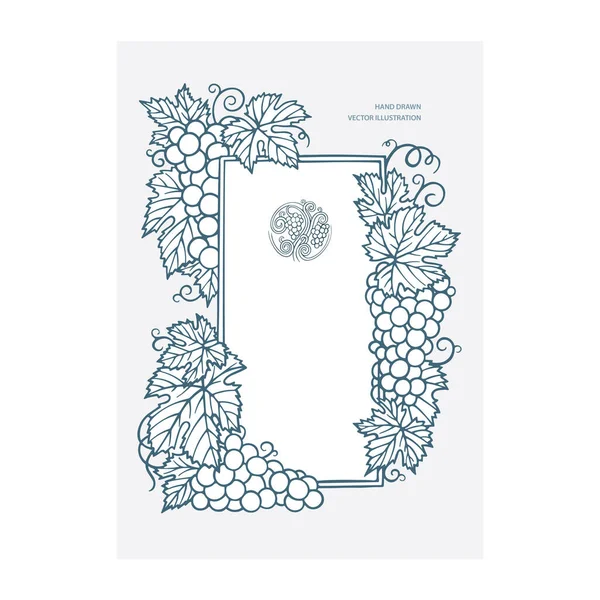 Cadre Logo Raisin Vigne Grape Grappes Vigne Gravure Style Dessin — Image vectorielle