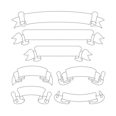 Kurdeleler ve afişler. Taslak vektör şeritleri. Eski tarz kaset çizimleri. Ögeleri kaydır.