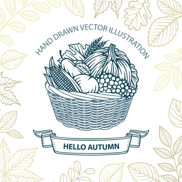 Hallo Herfst Vallen Oogst Hand Getekend Vector Illustratie Pompoen Maïs — Stockvector