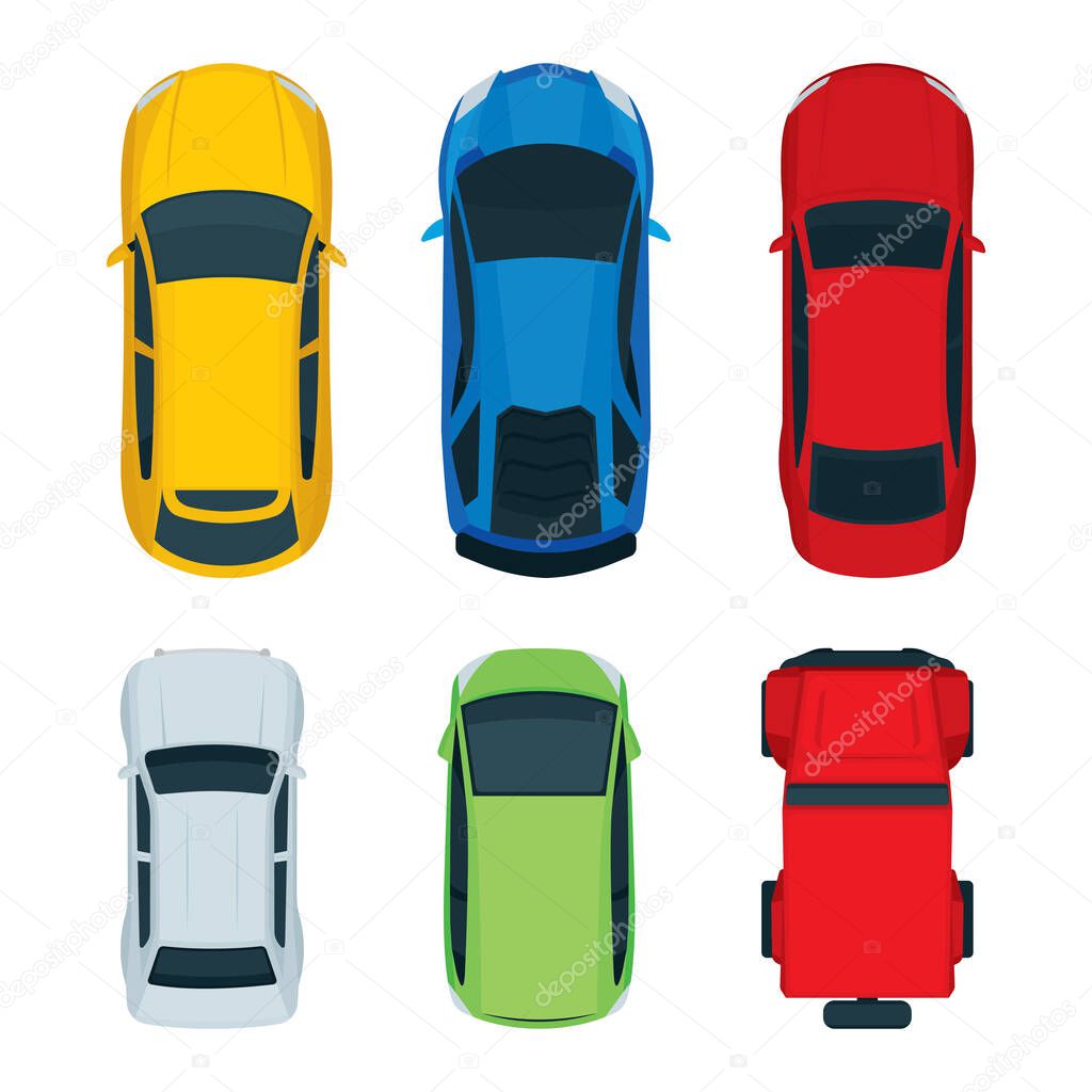 Cars top view. Different cars top view flat style vector illustrations set.