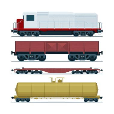 Tren kargo vagonları. Demiryolu taşımacılığı. Dizel Lokomotif, demiryolu tankı vagonu ve kargo vagonu. Bölüm sf kümesi.