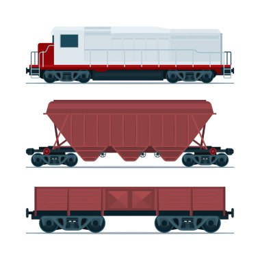Tren kargo vagonları. Demiryolu taşımacılığı. Dizel Lokomotif, zıpzıp arabası ve kargo vagonu. Bölüm sf kümesi.