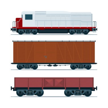 Tren kargo vagonları. Demiryolu taşımacılığı. Diesel Lokomotif, vagon ve yük vagonu. Bölüm sf kümesi.