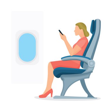 Uçak yolcusu. Uçak koltuğunda oturan bir kadın. Uçağın içi.. 