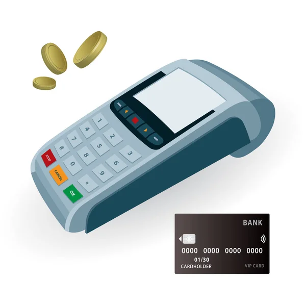 付款终端 信用卡和金币插图 付款概念 成套服务的一部分 — 图库矢量图片