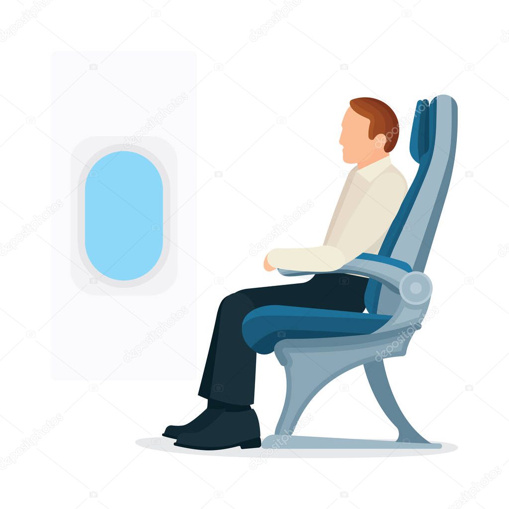 Airplane passenger. Male in plane seat. Aircraft interior.