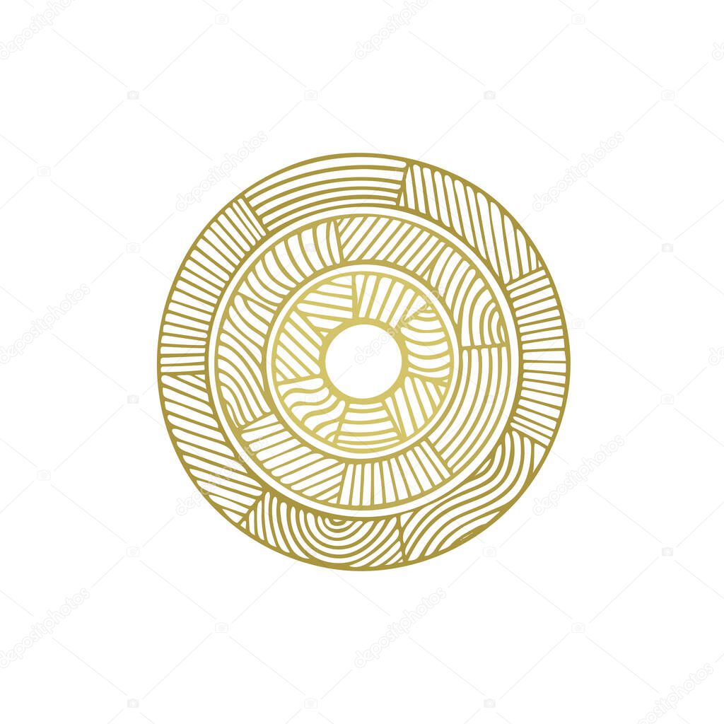 Ancient style abstract golden logo. Vintage vector gold round emblem. Scratched and shabby oval design element. Part of set.