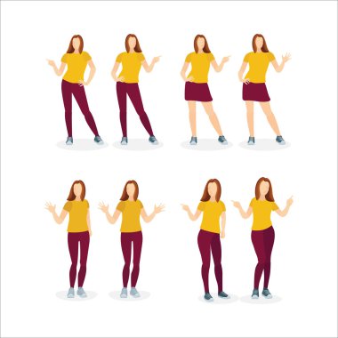 Genç bir kız. Kadın vektör çizimleri ayarlandı. Farklı noktalar. Kümenin bir parçası. 