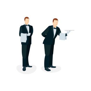 Garson! Tepsisi ve havlusu olan garson. Garson karakter dizaynı seti. Kümenin bir parçası.