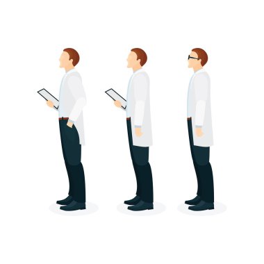 Doktor bey. Tıp doktoru karakter çizimleri. Beyaz klinik üniformalı erkek doktorlar. Kümenin bir parçası.