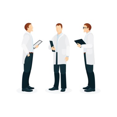 Doktor konsültasyonu. Tıp doktorları tartışır. Beyaz klinik üniformalı erkek doktorlar. Kümenin bir parçası.