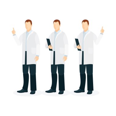 Doktor bey. Tıp doktoru karakter çizimleri. Beyaz klinik üniformalı erkek doktorlar. Kümenin bir parçası.