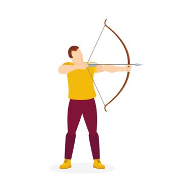 Ok ve yaylı adam. Ok ve yay tutan erkek atış yapmak istiyor. Ok ve yay vektör illüstrasyonlu Archer. Kümenin bir parçası.
