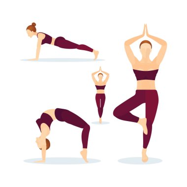 Farklı yoga pozlarında bir kadın. Yoga yapan kız karakter yoga pozisyonunda. Yoga yapan genç bir kadın. Vektör çizimi. Kümenin bir parçası.
