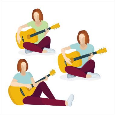 Gitarlı kız. Oturan kız gitar çalıyor. Vektör çizimleri ayarlandı. Kümenin bir parçası.