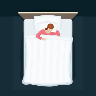 Uyuyan kadın vektör çizimi. Yatakta uyuyan kadın. Geceleri uyuyan kadın.