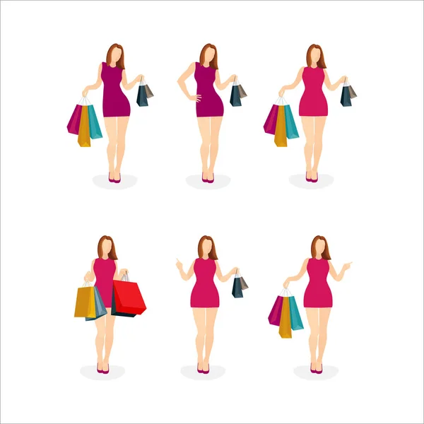 买东西的女孩 一个拿着彩包的小女孩快乐漂亮的女孩拿着购物袋 购物概念向量图解 成套服务的一部分 — 图库矢量图片