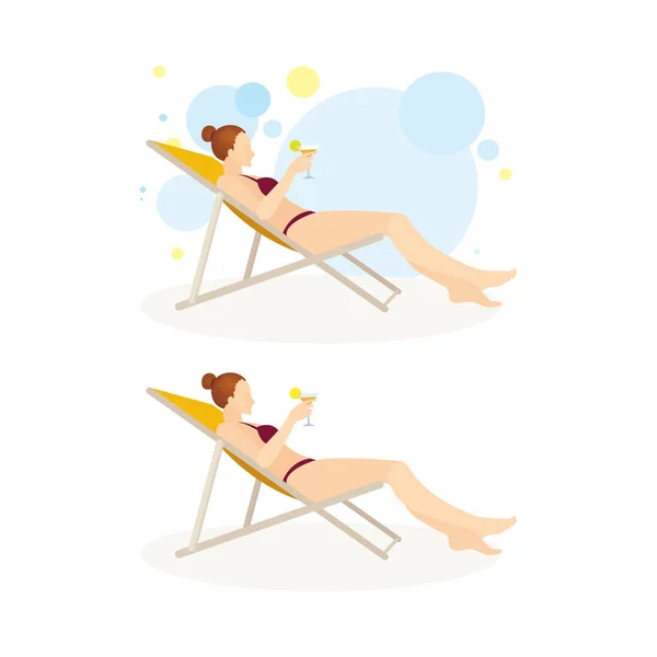 Chica Joven Tomando Sol Silla Cubierta Con Cóctel Señora Tomando — Vector de stock