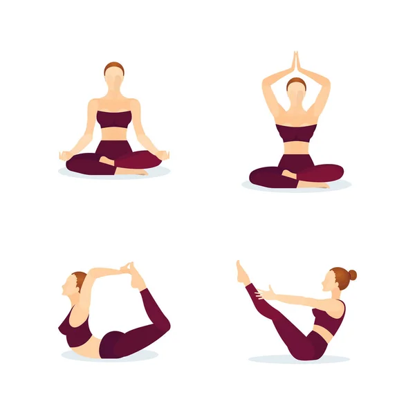 Female Different Yoga Poses Yoga Girl Character Yoga Positions Young — Stock Vector