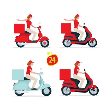 Scooter teslimatı 24 saat hizmet konsepti çizimleri. Eski model scooter kullanan genç bir kız. Scooter binicilik ikonları hazır. Kümenin bir parçası.