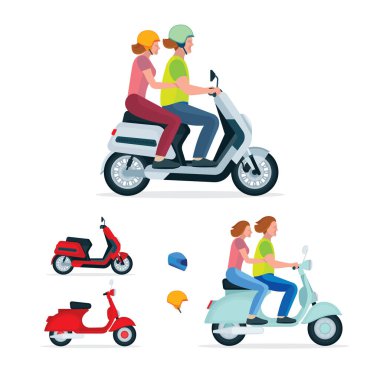 Klasik ve modern elektrikli scooter kullanan genç bir çift. Yang oğlan ve kız scooter 'a biniyor. Mobiletteki kadın ve erkek setin bir parçası..