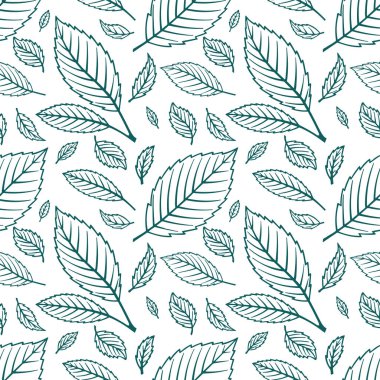 Yeşil yapraklar elle çizilmiş, pürüzsüz bir arka plan. Farklı şekilli yapraklar sonsuz desen çiziyor. Kümenin bir parçası.