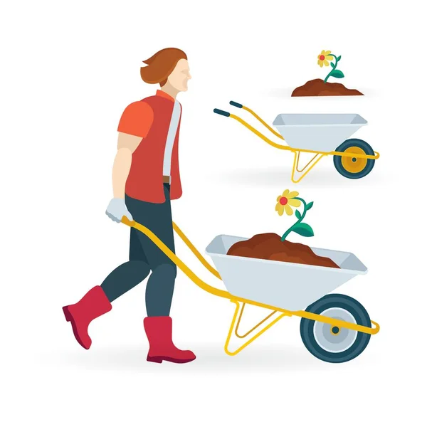 堆肥や花とホイールバローを運ぶ男 ホイールバローベクトルイラストセット 男性庭師とプッシュカート — ストックベクタ
