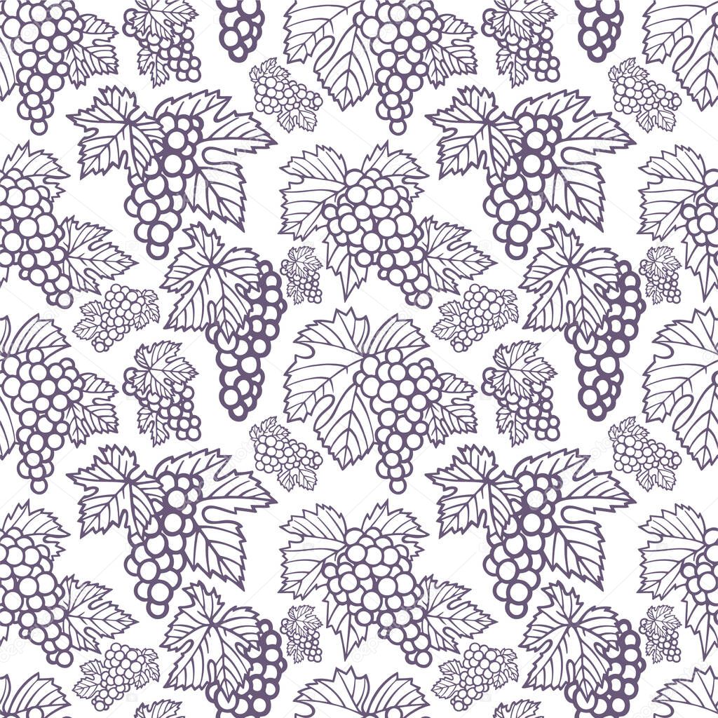 Hand drawn grape and vine seamless background. Bunch of grapes vector endless pattern. Grape and vine logo and ornament. Part of set.