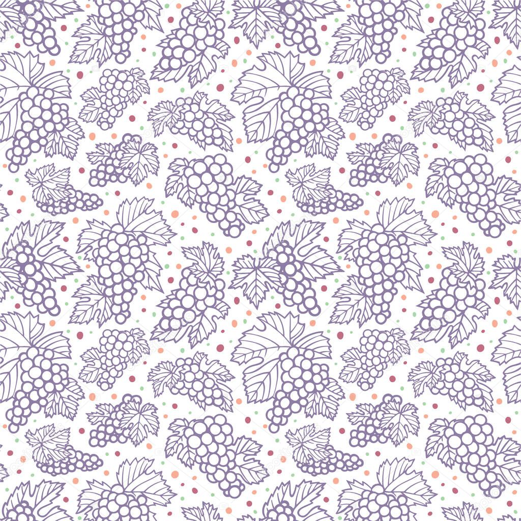 Hand drawn grape and vine seamless background. Bunch of grapes vector endless pattern. Grape and vine logo and ornament. Part of set.