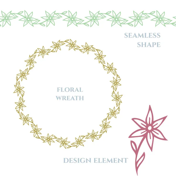Set Elementi Design Floreale Disegnati Mano Foglie Disegni Fiori Spazzole — Vettoriale Stock