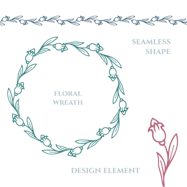 Set Elementi Design Floreale Disegnati Mano Foglie Disegni Fiori Spazzole — Vettoriale Stock