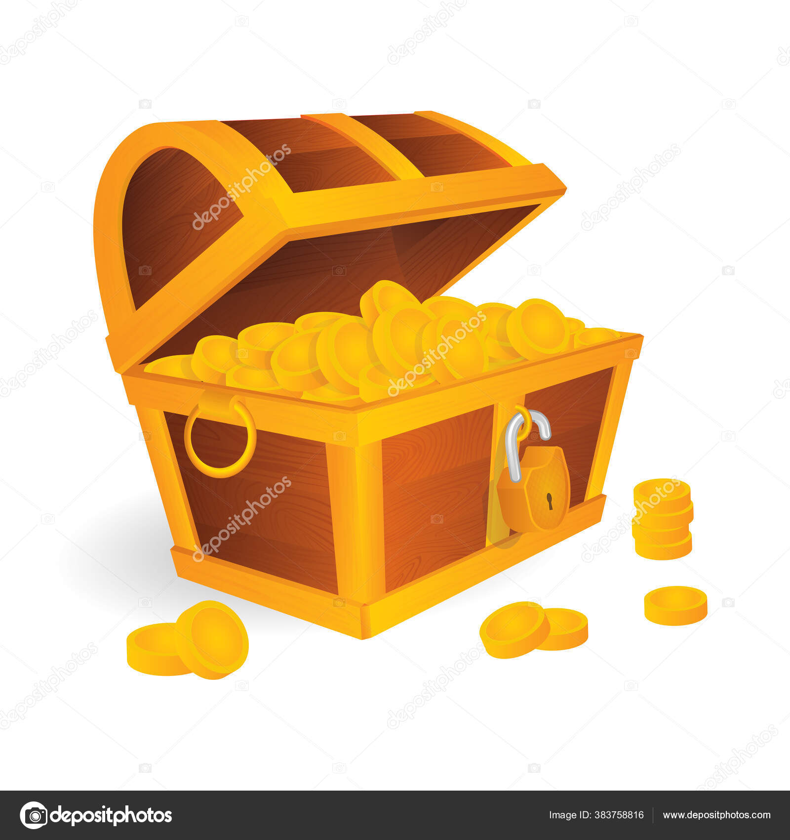 黄金のコインの中に宝箱と黄金の南京錠を開きます 漫画のスタイルは 金の金属ストライプベクトルイラストと木製の海賊胸を開いた 宝箱ベクトルイラスト  ストックベクター ©jakel 383758816