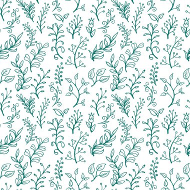Elleri farklı dallarla çizilmiş pürüzsüz bir desen. Çeşit çeşit çiçekli elementlerin çizimi, kusursuz vektör deseni. Kusursuz renksiz çiçek arkaplanı. Kümenin bir parçası.
