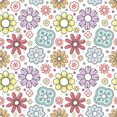 Elle çizilmiş kusursuz desen, farklı çiçekler. Çeşitli bitkileri kusursuz vektör kalıpları çizerek çiz. Kusursuz renksiz çiçek arkaplanı. Kümenin bir parçası.