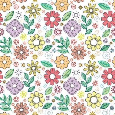 Elle çizilmiş kusursuz desen, farklı çiçekler. Çeşitli bitkileri kusursuz vektör kalıpları çizerek çiz. Kusursuz renksiz çiçek arkaplanı. Kümenin bir parçası.