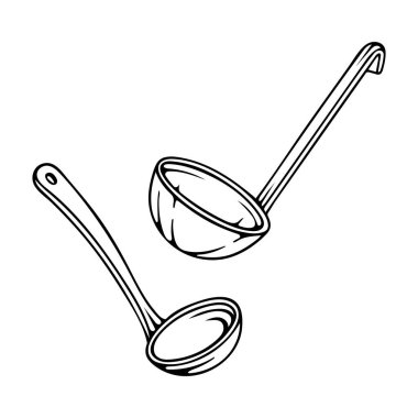 Çorba kepçesi çizimi. Farklı metalik çorba kepçeleri elle çizilmiş vektör çizimleri. Mutfak aletleri. Kümenin bir parçası.