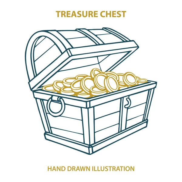装有金币的宝箱 手绘拆开的木制海盗胸膛矢量图解 — 图库矢量图片
