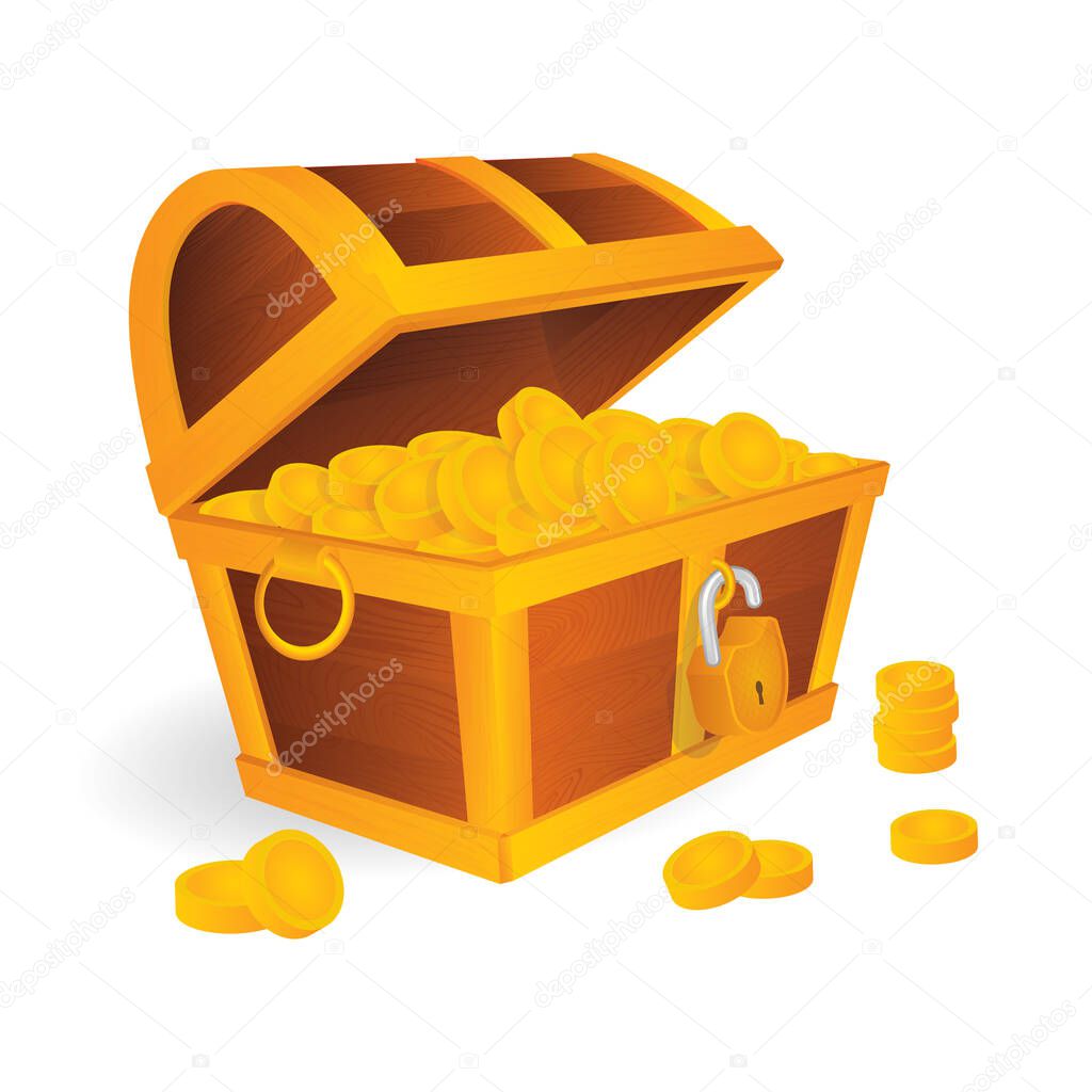 Treasure chest with golden coins inside and open golden padlock.  Cartoon style opened wooden pirate chests with gold metal stripes vector illustration. Treasure chest vector illustration.