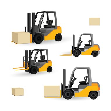Forklift kamyonları. Forklift kamyonları izometrik vektör çizimleri beyaz arkaplanda izole edildi.