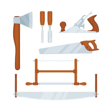 Marangozluk araçları vektör çizimleri: el matkabı, kriko düzlemi ve farklı testereler. Ahşap işleme aletleri koleksiyonu.