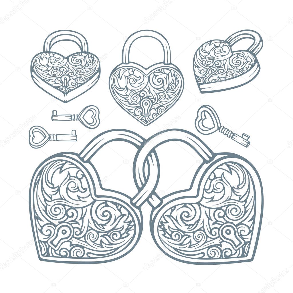 Heart shaped padlocks and kays with vintage style floral ornaments. Symbol of relationship, love and friendship vector illustrations set. Part of collection.