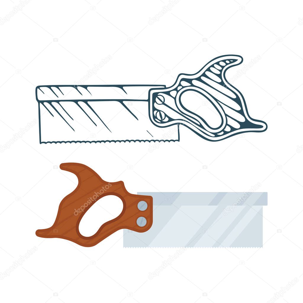 Carpentry tools vector illustrations set: hand drill, jack plane and different saws. Part of woodworking tools collection.
