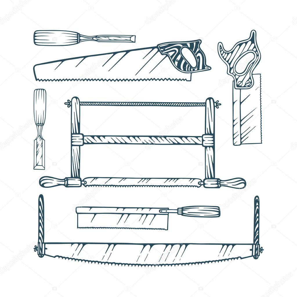 Carpentry tools vector illustrations set: different hand saws and chisels. Part of woodworking tools collection.