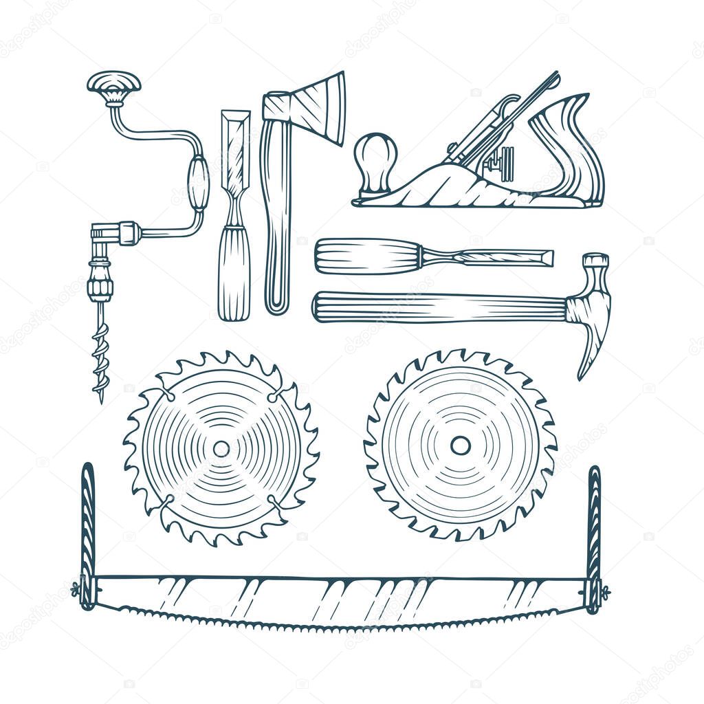 Carpentry tools vector illustrations set: hand drill, axe, jack plane, hammer, saw blade and chisels. Part of woodworking tools collection.