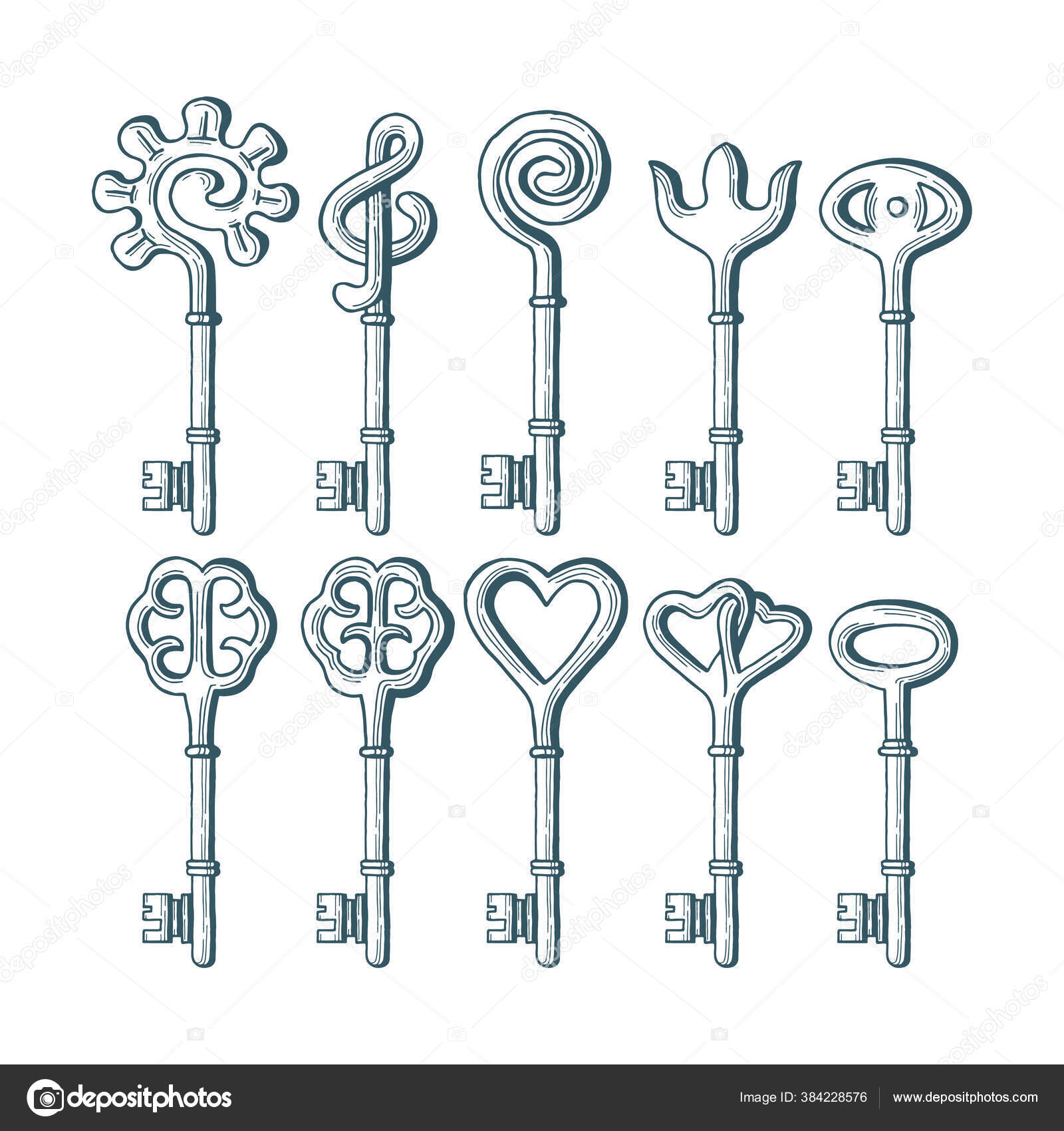 Keys Different Vintage Keys Hand Drawn Vector Illustrations Set Old