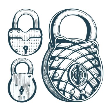 Kilit. Asma kilit çizimleri ayarlandı. Eski tarz çizim asma kilit koleksiyonu.