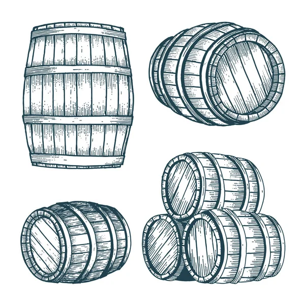 巴雷尔橡木桶手绘矢量图集 木桶草图标签 — 图库矢量图片
